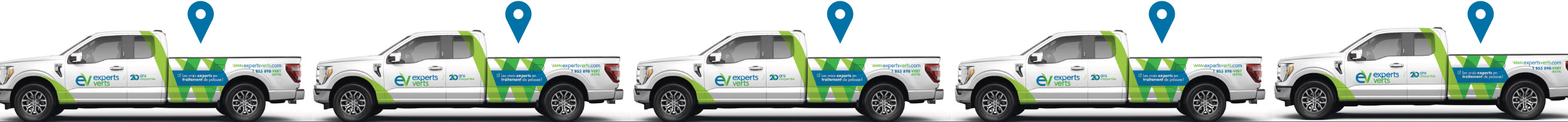 Camions de l'équipe d'Experts Verts pour l'entretien de pelouse et traitement de gazon partout au Québec